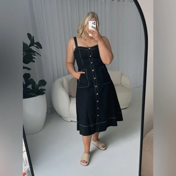 NWOT Denim Dress Sleeveless Adjustable Straps A Line Maxi Dress with Pockets - Picture 7 of 15